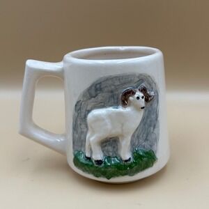 Vintage 1984 Hand Painted Ram Sheep 3D Relief Ceramic Mug Studio Pottery White